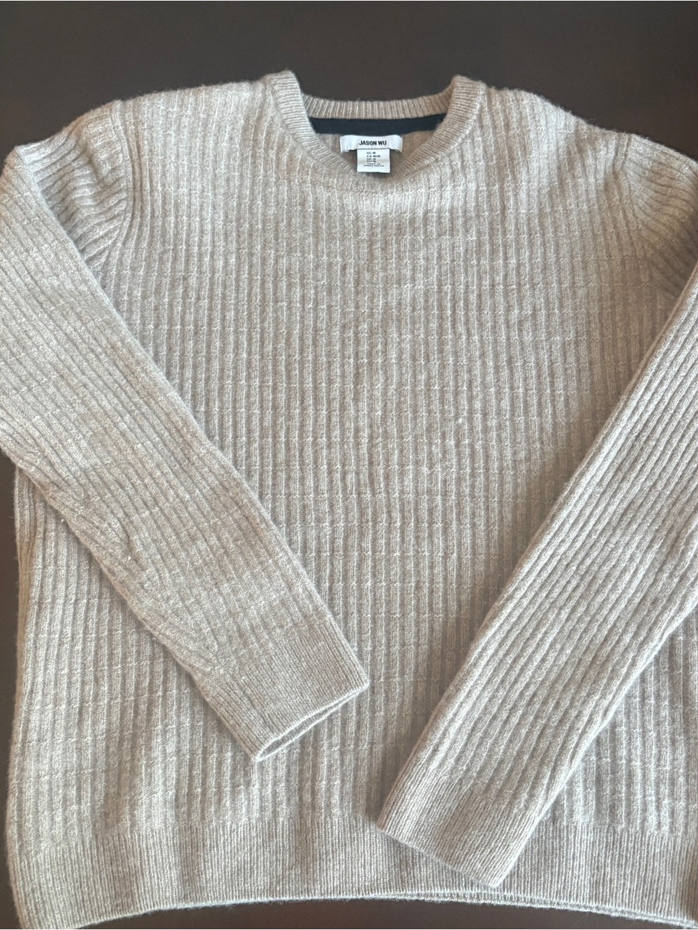 Jason Wu Beige Ribbed Crewneck Sweater Merino Wool Cashmere Blend Size M